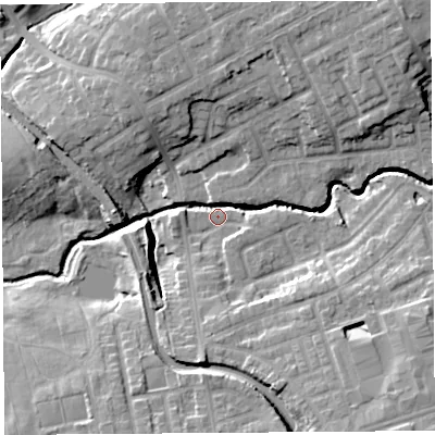 Shaded relief map of the ground around PR22LZ, computed from Environment Agency LiDAR. The ground here sits at about 17 m above sea level and falls 14 m across the surrounding 800 m. Surface water reaching this point runs off ground lying to the north-east, 13.0 m higher.