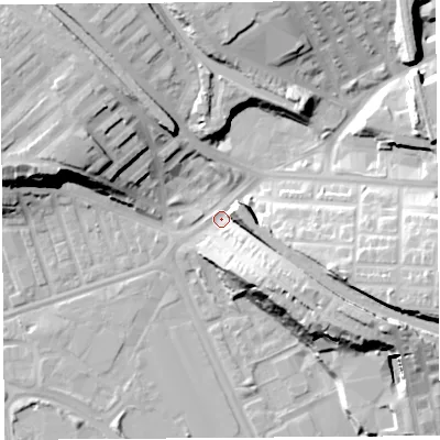 Shaded relief map of the ground around PR22NL, computed from Environment Agency LiDAR. The ground here sits at about 12 m above sea level and falls 24 m across the surrounding 800 m. Surface water reaching this point runs off ground lying to the east-south-east, 19.8 m higher.