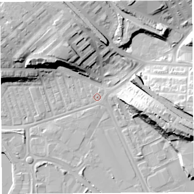 Shaded relief map of the ground around PR22NN, computed from Environment Agency LiDAR. The ground here sits at about 8 m above sea level and falls 25 m across the surrounding 800 m. Surface water reaching this point runs off ground lying to the east-north-east, 1.5 m higher.