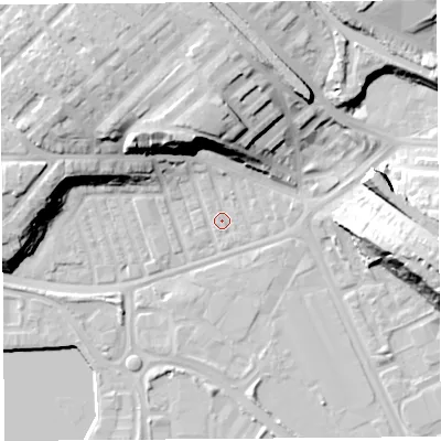 Shaded relief map of the ground around PR22NP, computed from Environment Agency LiDAR. The ground here sits at about 7 m above sea level and falls 23 m across the surrounding 800 m. Surface water reaching this point runs off ground lying to the north-north-west, 18.5 m higher.