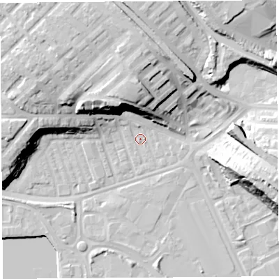 Shaded relief map of the ground around PR22NQ, computed from Environment Agency LiDAR. The ground here sits at about 7 m above sea level and falls 24 m across the surrounding 800 m. Surface water reaching this point runs off ground lying to the north-north-west, 19.4 m higher.