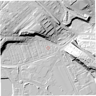 Shaded relief map of the ground around PR22NR, computed from Environment Agency LiDAR. The ground here sits at about 8 m above sea level and falls 24 m across the surrounding 800 m. Surface water reaching this point runs off ground lying to the north, 20.0 m higher.