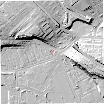 Shaded relief map of the ground around PR22NS, computed from Environment Agency LiDAR. The ground here sits at about 8 m above sea level and falls 25 m across the surrounding 800 m. Surface water reaching this point runs off ground lying to the north-north-west, 19.6 m higher.