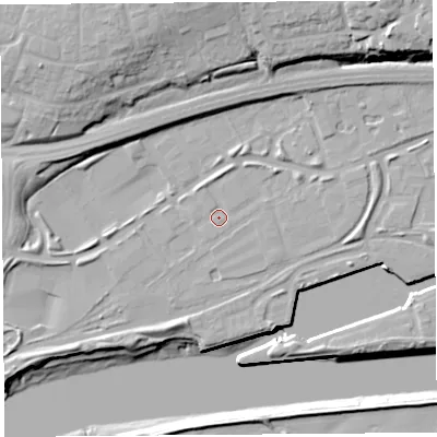 Shaded relief map of the ground around PR22PD, computed from Environment Agency LiDAR. The ground here sits at about 7 m above sea level and falls 22 m across the surrounding 800 m. Surface water reaching this point runs off ground lying to the north-north-west, 1.2 m higher.