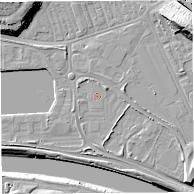Shaded relief map of the ground around PR22QA, computed from Environment Agency LiDAR. The ground here sits at about 7 m above sea level and falls 24 m across the surrounding 800 m. Surface water reaching this point runs off ground lying to the south-south-east, 2.6 m higher.