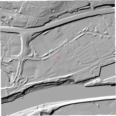 Shaded relief map of the ground around PR22TD, computed from Environment Agency LiDAR. The ground here sits at about 8 m above sea level and falls 21 m across the surrounding 800 m. The ground contributing surface water to this point lies to the west.