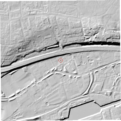 Shaded relief map of the ground around PR22TE, computed from Environment Agency LiDAR. The ground here sits at about 7 m above sea level and falls 21 m across the surrounding 800 m. Surface water reaching this point runs off ground lying to the west, 4.7 m higher.