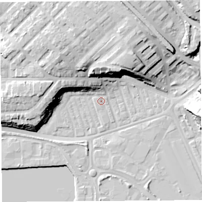 Shaded relief map of the ground around PR22TP, computed from Environment Agency LiDAR. The ground here sits at about 8 m above sea level and falls 24 m across the surrounding 800 m. Surface water reaching this point runs off ground lying to the north-north-west, 7.4 m higher.