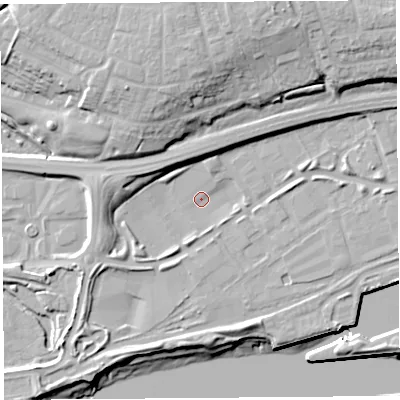 Shaded relief map of the ground around PR22TW, computed from Environment Agency LiDAR. The ground here sits at about 7 m above sea level and falls 21 m across the surrounding 800 m. Surface water reaching this point runs off ground lying to the south-west, 2.8 m higher.