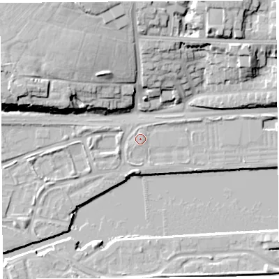 Shaded relief map of the ground around PR22TX, computed from Environment Agency LiDAR. The ground here sits at about 8 m above sea level and falls 19 m across the surrounding 800 m. The ground contributing surface water to this point lies to the north-north-west.