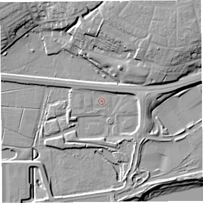 Shaded relief map of the ground around PR22TY, computed from Environment Agency LiDAR. The ground here sits at about 7 m above sea level and falls 21 m across the surrounding 800 m. Surface water reaching this point runs off ground lying to the east, 6.2 m higher.