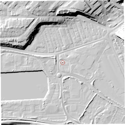 Shaded relief map of the ground around PR22UW, computed from Environment Agency LiDAR. The ground here sits at about 7 m above sea level and falls 23 m across the surrounding 800 m. Surface water reaching this point runs off ground lying to the south-east, 1.3 m higher.