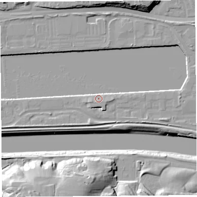 Shaded relief map of the ground around PR22XB, computed from Environment Agency LiDAR. The ground here sits at about 8 m above sea level and falls 23 m across the surrounding 800 m. Surface water reaching this point runs off ground lying to the west-south-west, 4.7 m higher.