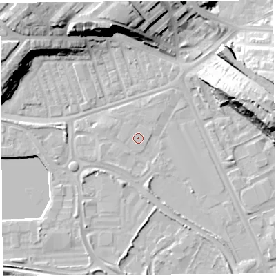 Shaded relief map of the ground around PR22XH, computed from Environment Agency LiDAR. The ground here sits at about 8 m above sea level and falls 23 m across the surrounding 800 m. Surface water reaching this point runs off ground lying to the west-north-west, 0.7 m higher.