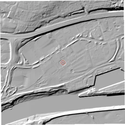 Shaded relief map of the ground around PR22XL, computed from Environment Agency LiDAR. The ground here sits at about 7 m above sea level and falls 21 m across the surrounding 800 m. Surface water reaching this point runs off ground lying to the north-north-east, 1.4 m higher.