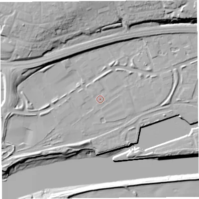 Shaded relief map of the ground around PR22XP, computed from Environment Agency LiDAR. The ground here sits at about 7 m above sea level and falls 22 m across the surrounding 800 m. Surface water reaching this point runs off ground lying to the north, 1.4 m higher.