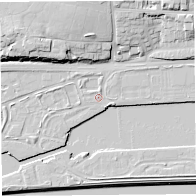 Shaded relief map of the ground around PR22XS, computed from Environment Agency LiDAR. The ground here sits at about 7 m above sea level and falls 21 m across the surrounding 800 m. Surface water reaching this point runs off ground lying to the north-west, 15.0 m higher.