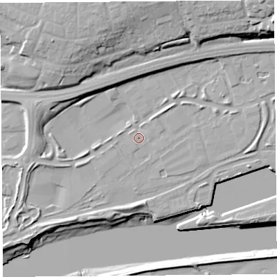 Shaded relief map of the ground around PR22XU, computed from Environment Agency LiDAR. The ground here sits at about 7 m above sea level and falls 22 m across the surrounding 800 m. Surface water reaching this point runs off ground lying to the north-east, 1.6 m higher.