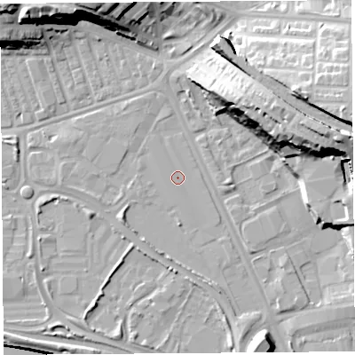 Shaded relief map of the ground around PR22YA, computed from Environment Agency LiDAR. The ground here sits at about 7 m above sea level and falls 29 m across the surrounding 800 m. The ground contributing surface water to this point lies to the south-east.