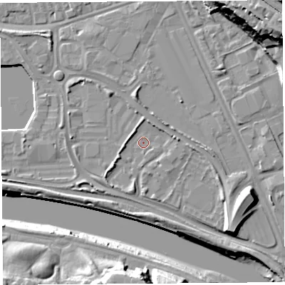 Shaded relief map of the ground around PR22YB, computed from Environment Agency LiDAR. The ground here sits at about 7 m above sea level and falls 27 m across the surrounding 800 m. Surface water reaching this point runs off ground lying to the south-west, 3.0 m higher.