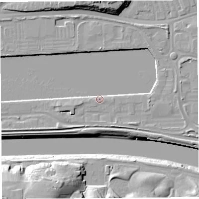 Shaded relief map of the ground around PR22YD, computed from Environment Agency LiDAR. The ground here sits at about 8 m above sea level and falls 23 m across the surrounding 800 m. Surface water reaching this point runs off ground lying to the east, 4.6 m higher.