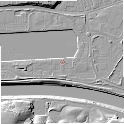 Shaded relief map of the ground around PR22YF, computed from Environment Agency LiDAR. The ground here sits at about 8 m above sea level and falls 23 m across the surrounding 800 m. Surface water reaching this point runs off ground lying to the south-west, 3.9 m higher.