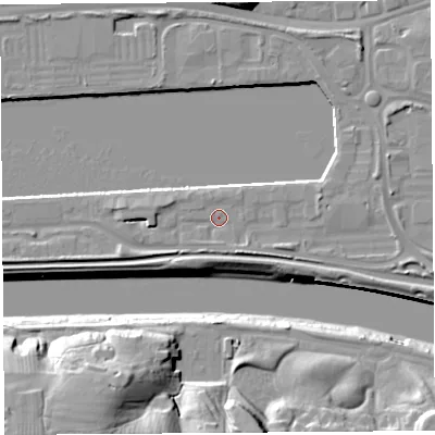 Shaded relief map of the ground around PR22YG, computed from Environment Agency LiDAR. The ground here sits at about 7 m above sea level and falls 23 m across the surrounding 800 m. Surface water reaching this point runs off ground lying to the west-south-west, 3.9 m higher.