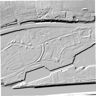 Shaded relief map of the ground around PR22YH, computed from Environment Agency LiDAR. The ground here sits at about 7 m above sea level and falls 21 m across the surrounding 800 m. Surface water reaching this point runs off ground lying to the south-east, 2.3 m higher.
