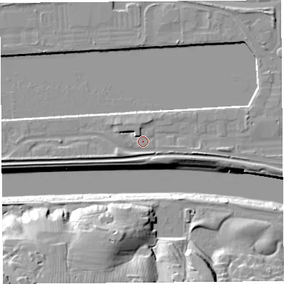 Shaded relief map of the ground around PR22YJ, computed from Environment Agency LiDAR. The ground here sits at about 7 m above sea level and falls 23 m across the surrounding 800 m. Surface water reaching this point runs off ground lying to the west-south-west, 3.9 m higher.