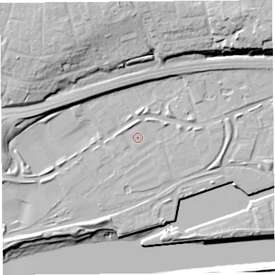 Shaded relief map of the ground around PR22YL, computed from Environment Agency LiDAR. The ground here sits at about 8 m above sea level and falls 22 m across the surrounding 800 m. Surface water reaching this point runs off ground lying to the east-south-east, 0.7 m higher.