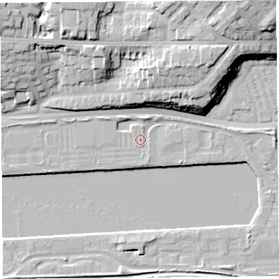 Shaded relief map of the ground around PR22YN, computed from Environment Agency LiDAR. The ground here sits at about 7 m above sea level and falls 21 m across the surrounding 800 m. Surface water reaching this point runs off ground lying to the east, 2.5 m higher.