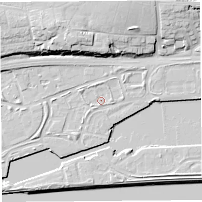 Shaded relief map of the ground around PR22YP, computed from Environment Agency LiDAR. The ground here sits at about 7 m above sea level and falls 21 m across the surrounding 800 m. Surface water reaching this point runs off ground lying to the west-north-west, 2.0 m higher.