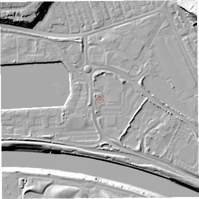 Shaded relief map of the ground around PR22YQ, computed from Environment Agency LiDAR. The ground here sits at about 7 m above sea level and falls 21 m across the surrounding 800 m. Surface water reaching this point runs off ground lying to the south-east, 2.6 m higher.