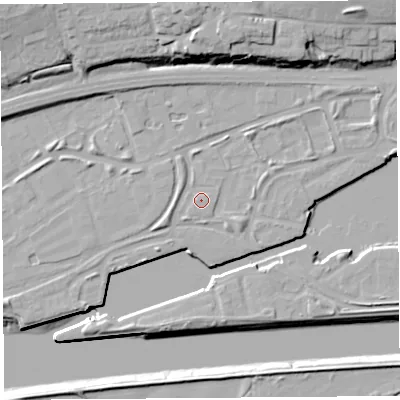 Shaded relief map of the ground around PR22YS, computed from Environment Agency LiDAR. The ground here sits at about 8 m above sea level and falls 21 m across the surrounding 800 m. Surface water reaching this point runs off ground lying to the west-south-west, 0.9 m higher.