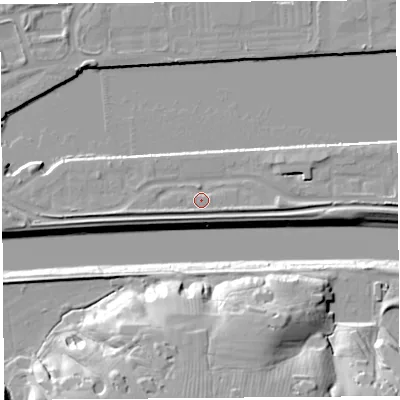 Shaded relief map of the ground around PR22YW, computed from Environment Agency LiDAR. The ground here sits at about 8 m above sea level and falls 24 m across the surrounding 800 m. Surface water reaching this point runs off ground lying to the east, 2.7 m higher.