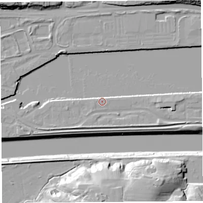 Shaded relief map of the ground around PR22YX, computed from Environment Agency LiDAR. The ground here sits at about 7 m above sea level and falls 23 m across the surrounding 800 m. Surface water reaching this point runs off ground lying to the east-south-east, 2.7 m higher.