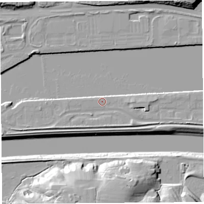 Shaded relief map of the ground around PR22YY, computed from Environment Agency LiDAR. The ground here sits at about 7 m above sea level and falls 23 m across the surrounding 800 m. Surface water reaching this point runs off ground lying to the south-east, 2.7 m higher.