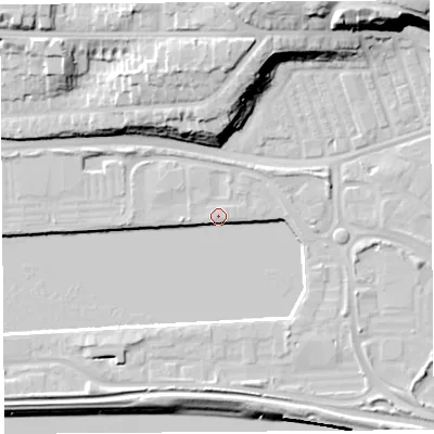 Shaded relief map of the ground around PR22ZB, computed from Environment Agency LiDAR. The ground here sits at about 7 m above sea level and falls 25 m across the surrounding 800 m. Surface water reaching this point runs off ground lying to the north-east, 5.0 m higher.