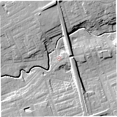 Shaded relief map of the ground around PR23EJ, computed from Environment Agency LiDAR. The ground here sits at about 22 m above sea level and falls 20 m across the surrounding 800 m. Surface water reaching this point runs off ground lying to the east-north-east, 8.7 m higher.