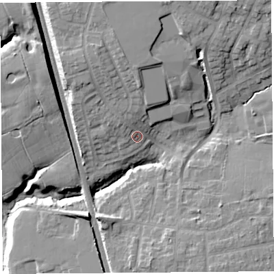 Shaded relief map of the ground around PR23ES, computed from Environment Agency LiDAR. The ground here sits at about 32 m above sea level and falls 21 m across the surrounding 800 m. Surface water reaching this point runs off ground lying to the north, 9.3 m higher.