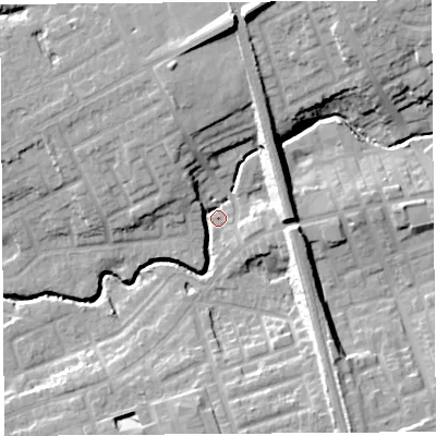Shaded relief map of the ground around PR23HB, computed from Environment Agency LiDAR. The ground here sits at about 19 m above sea level and falls 20 m across the surrounding 800 m. Surface water reaching this point runs off ground lying to the north-north-east, 12.4 m higher.
