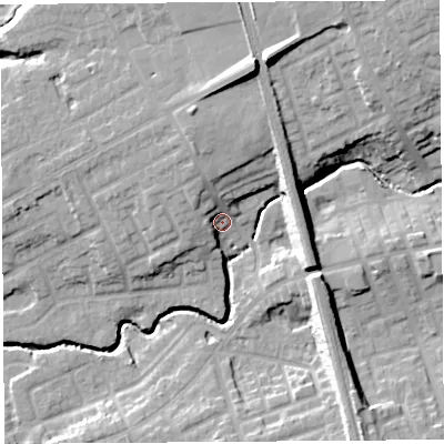 Shaded relief map of the ground around PR23HD, computed from Environment Agency LiDAR. The ground here sits at about 21 m above sea level and falls 20 m across the surrounding 800 m. Surface water reaching this point runs off ground lying to the north-north-west, 8.6 m higher.