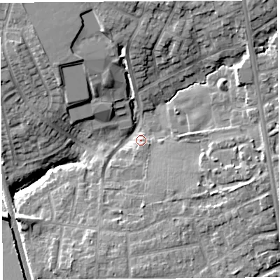 Shaded relief map of the ground around PR23LA, computed from Environment Agency LiDAR. The ground here sits at about 31 m above sea level and falls 18 m across the surrounding 800 m. Surface water reaching this point runs off ground lying to the north-east, 9.2 m higher.