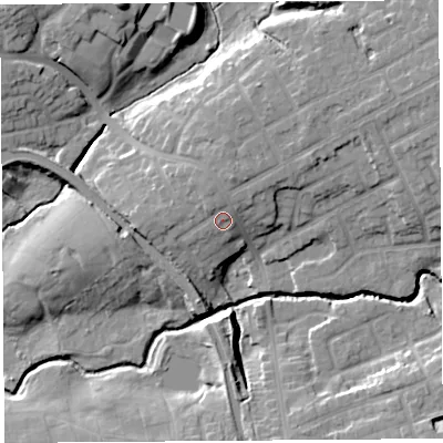 Shaded relief map of the ground around PR23LF, computed from Environment Agency LiDAR. The ground here sits at about 23 m above sea level and falls 16 m across the surrounding 800 m. Surface water reaching this point runs off ground lying to the north-north-west, 2.2 m higher.