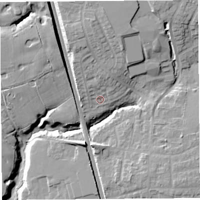 Shaded relief map of the ground around PR23NU, computed from Environment Agency LiDAR. The ground here sits at about 31 m above sea level and falls 22 m across the surrounding 800 m. Surface water reaching this point runs off ground lying to the north, 5.9 m higher.
