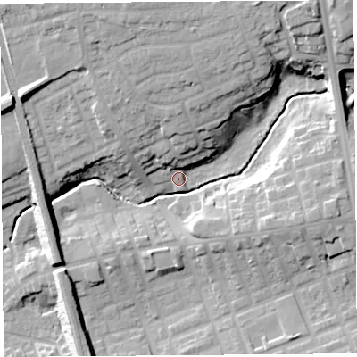 Shaded relief map of the ground around PR23PJ, computed from Environment Agency LiDAR. The ground here sits at about 22 m above sea level and falls 18 m across the surrounding 800 m. Surface water reaching this point runs off ground lying to the north-north-east, 16.1 m higher.