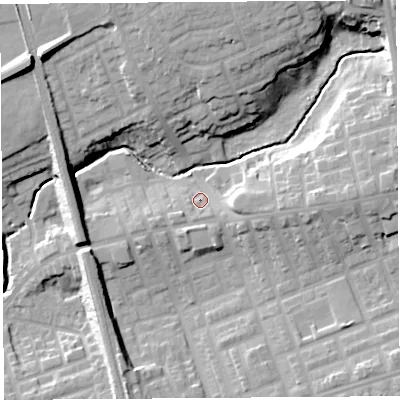 Shaded relief map of the ground around PR23PT, computed from Environment Agency LiDAR. The ground here sits at about 23 m above sea level and falls 19 m across the surrounding 800 m. Surface water reaching this point runs off ground lying to the east, 12.6 m higher.