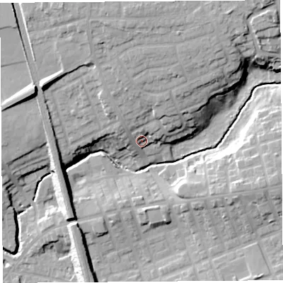 Shaded relief map of the ground around PR23PU, computed from Environment Agency LiDAR. The ground here sits at about 25 m above sea level and falls 19 m across the surrounding 800 m. Surface water reaching this point runs off ground lying to the north, 10.8 m higher.