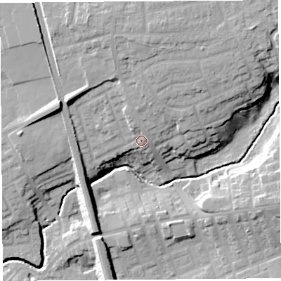 Shaded relief map of the ground around PR23PX, computed from Environment Agency LiDAR. The ground here sits at about 28 m above sea level and falls 19 m across the surrounding 800 m. Surface water reaching this point runs off ground lying to the north-north-west, 3.1 m higher.