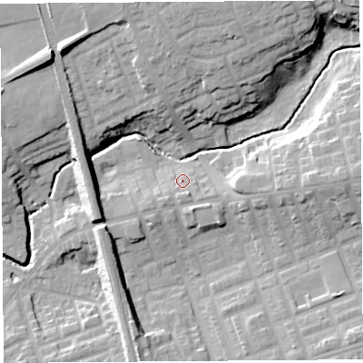 Shaded relief map of the ground around PR23QB, computed from Environment Agency LiDAR. The ground here sits at about 23 m above sea level and falls 19 m across the surrounding 800 m. Surface water reaching this point runs off ground lying to the south-south-east, 4.7 m higher.